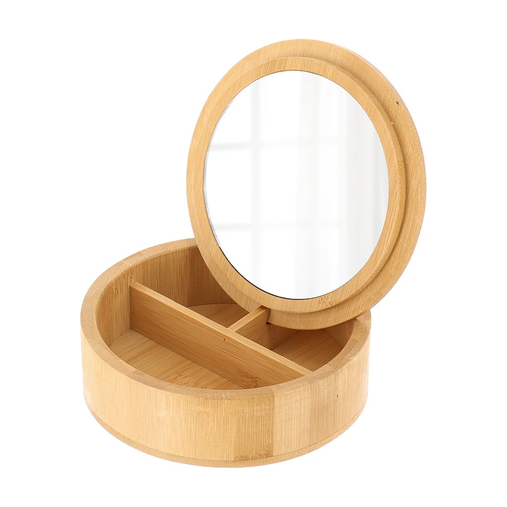 Round Bamboo Box with Mirror Lid - Natural - 5.25 L x 5.25 W x 1.5 H