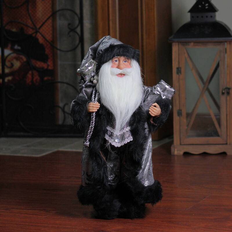 16" Silver Black Standing Santa Claus Christmas Figurine with Gifts