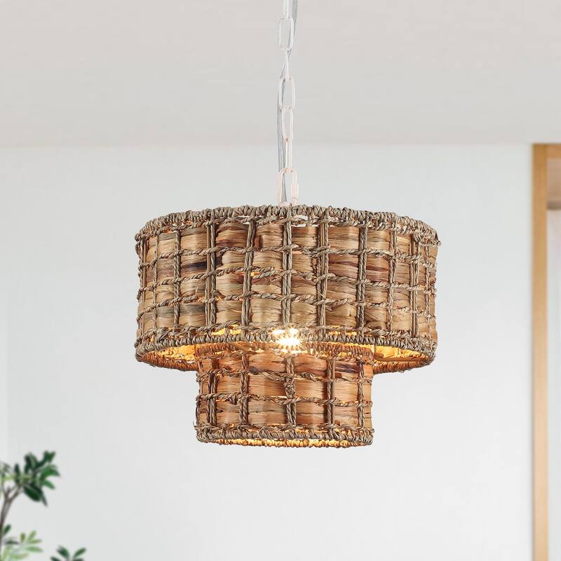 1-Light Farmhouse 2-Tier Metal Hanging Pendant Light Kitchen Island with Rattan Cover for Dining Room - White