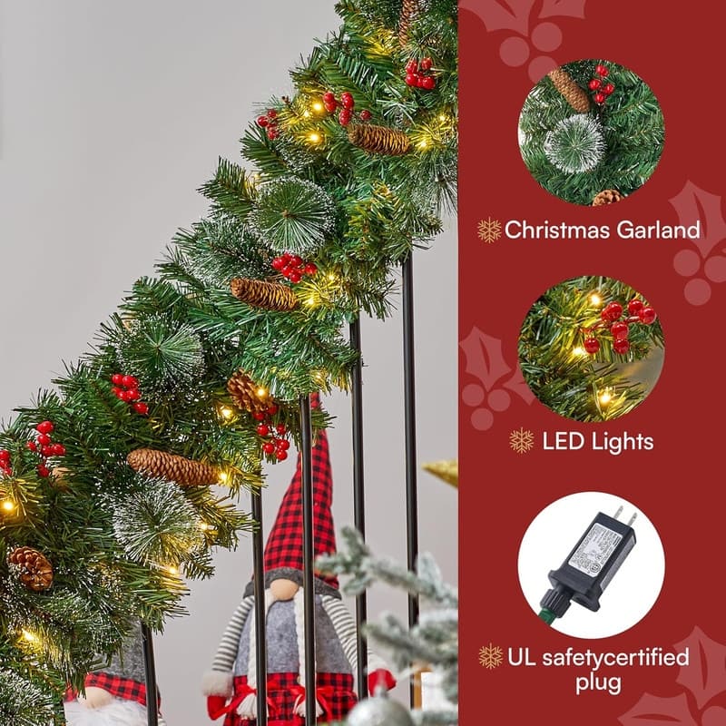 Joyfy Indoor/Outdoor Pre-lit Plug in 9-ft Pine Artificial Garland with Warm White LED Lights