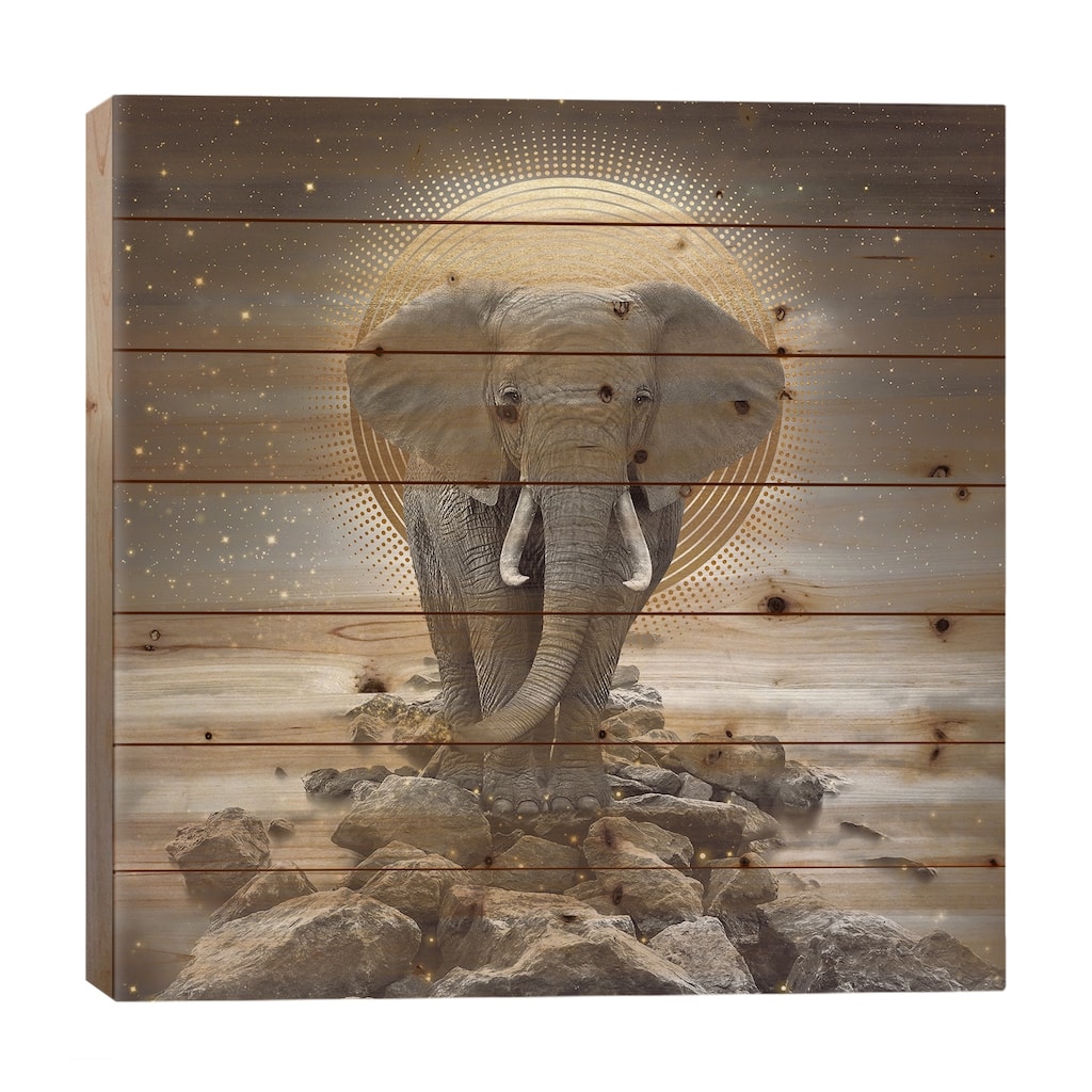 Elephant - On Rocks Stay Gold Print On Wood by Soaring Anchor Designs - Multi-Color