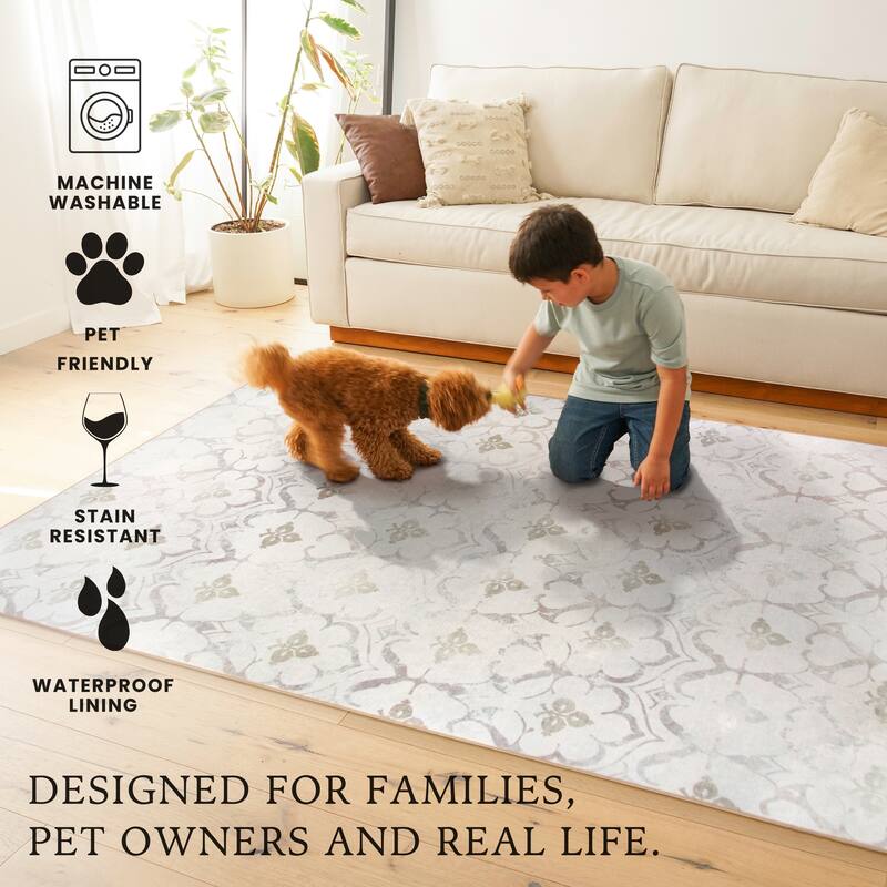 My Magic Carpet Machine Washable Area Rug Leilani Damask Ivory