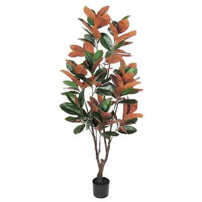 5ft Green Brown Artificial Magnolia Leaf Tree Plant in Black Pot - 60" H x 25" W x 25" DP