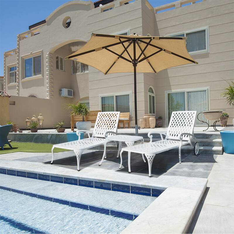 3-Piece Aluminum Reclining Outdoor waterproof Chaise Lounge with Wheels And Table - White