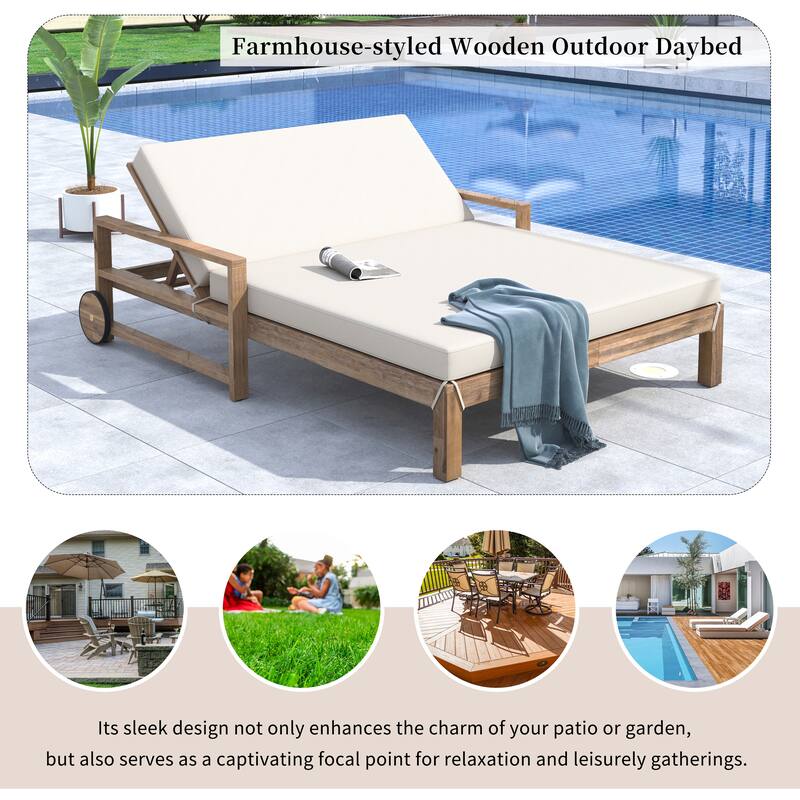 Outdoor Patio Solid Wood Double Daybed Sunbed with Adjustable Backrest and Wheels
