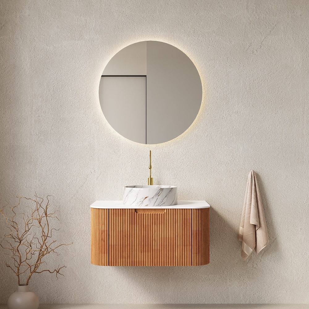 24 Inch/30 Inch/36 Inch Wall-Mounted Bathroom Vanity Cabinet with Counter Top Sink, Round Ceramic Basin with Stone Pattern