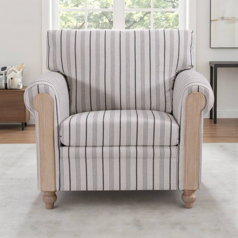 Stripe Accent Chair for Living Room, Upholstered Reading Chair Arm Chair Mid Century Modern Single Sofa with Rolled Arms - Blue and White Stripes
