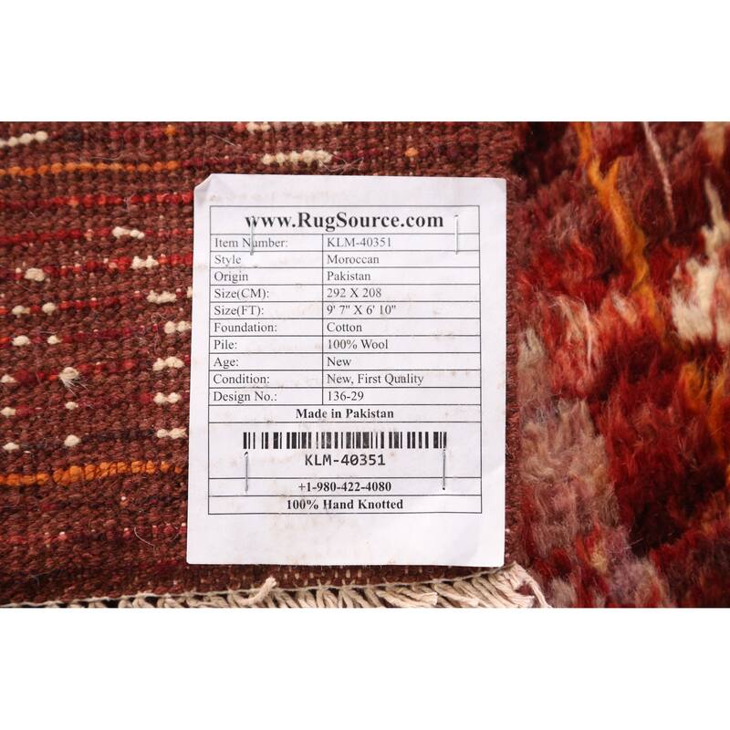 Geometric Red Moroccan Oriental Area Rug Hand-Knotted Wool Carpet - 6'10" x 9'7"