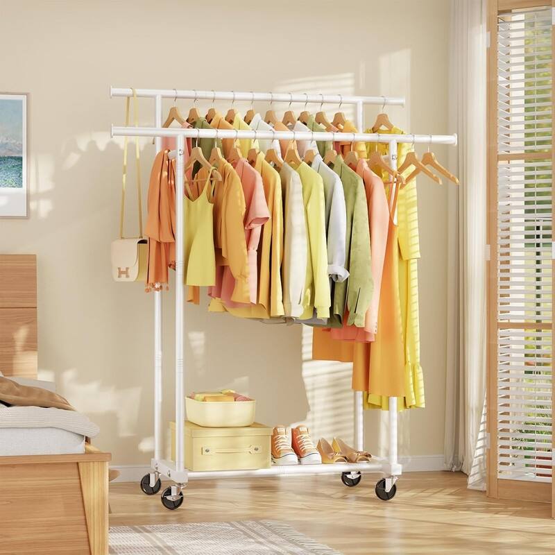 Double Rods Clothes Rack, Rolling Clothing Rack for Hanging