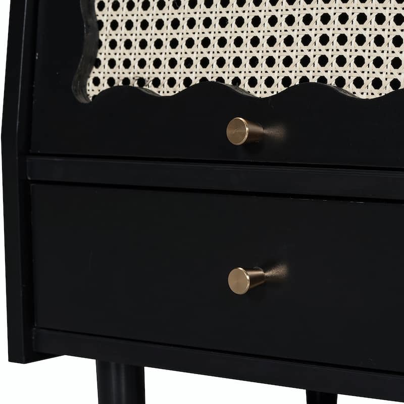 Wooden Nightstand with Rattan Storage Cabinet and 1 Drawer