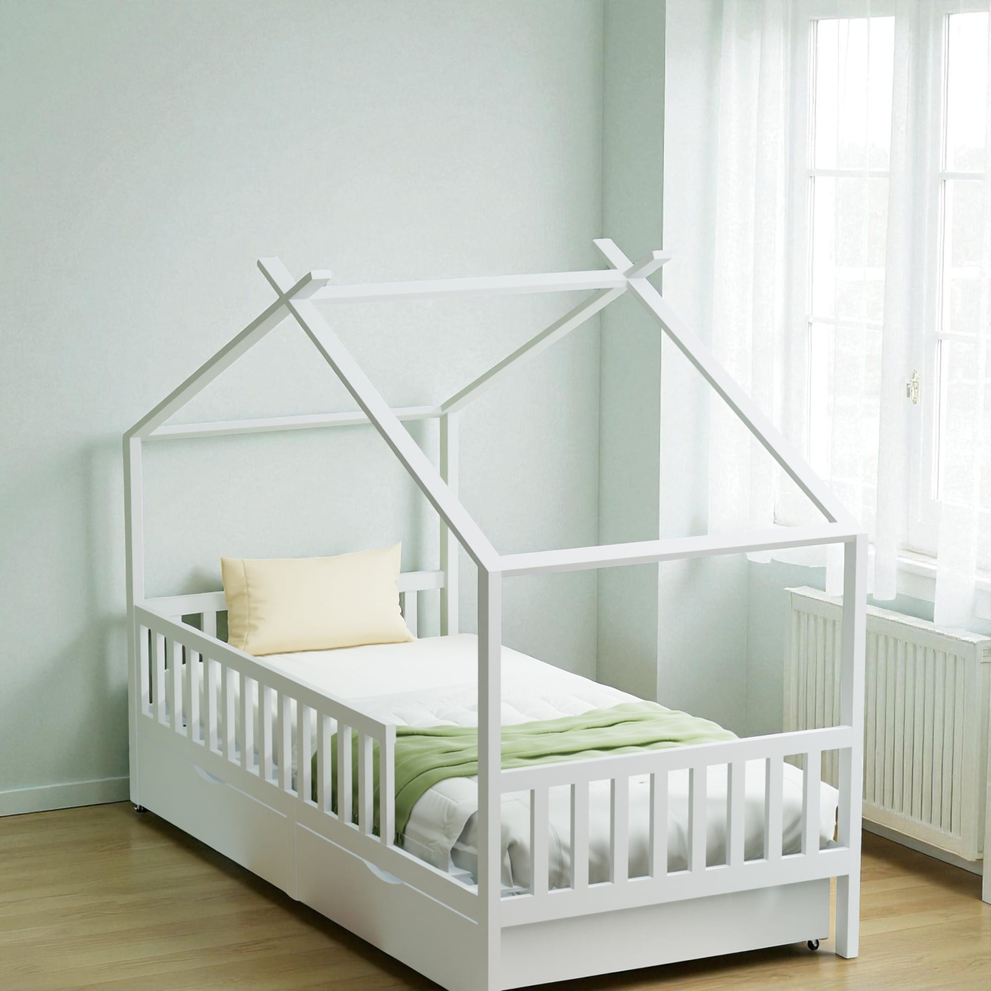 Full House Bed Frame with Roof and Rails, 2 Storage Drawers, Wooden Platform Daybed for Kids Boys and Girls