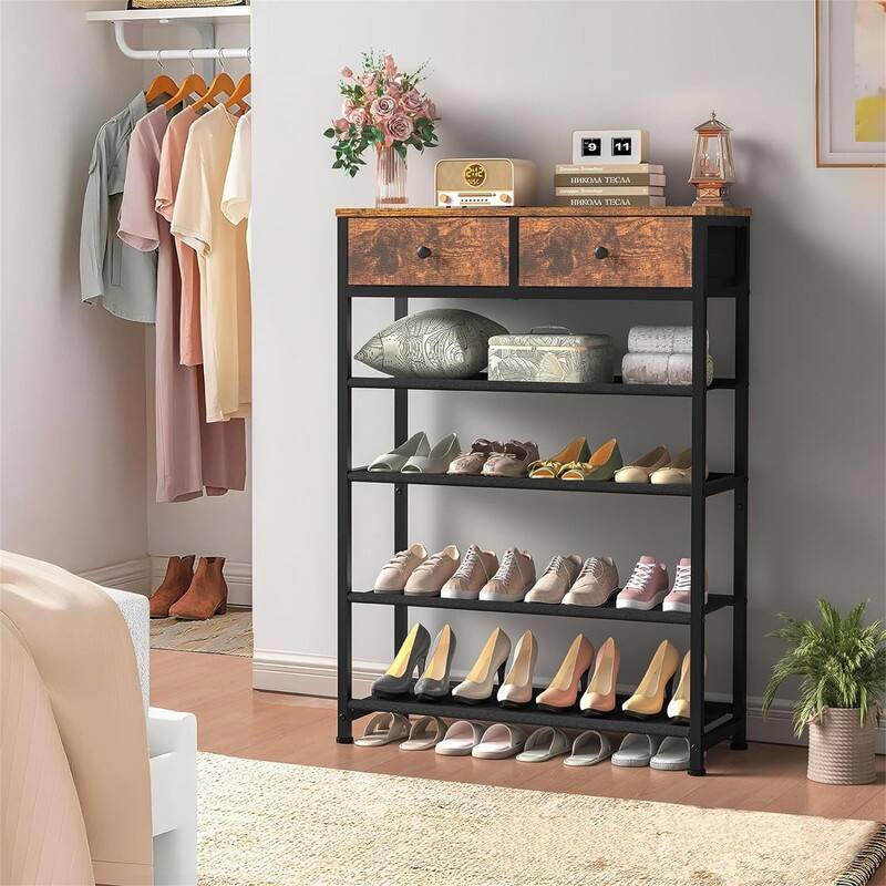 5 Tier Shoe Storage Organizer with 2 Drawers - 28.3"D x 11"W x 36.2"H