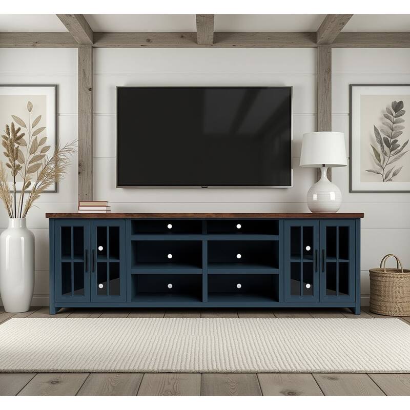 Bridgevine Home Modern Farmhouse 96 inch TV Stand Console for TVs up to 100 inches, No Assembly Requried, Two-Tone Finish - Blue Denim and Whiskey