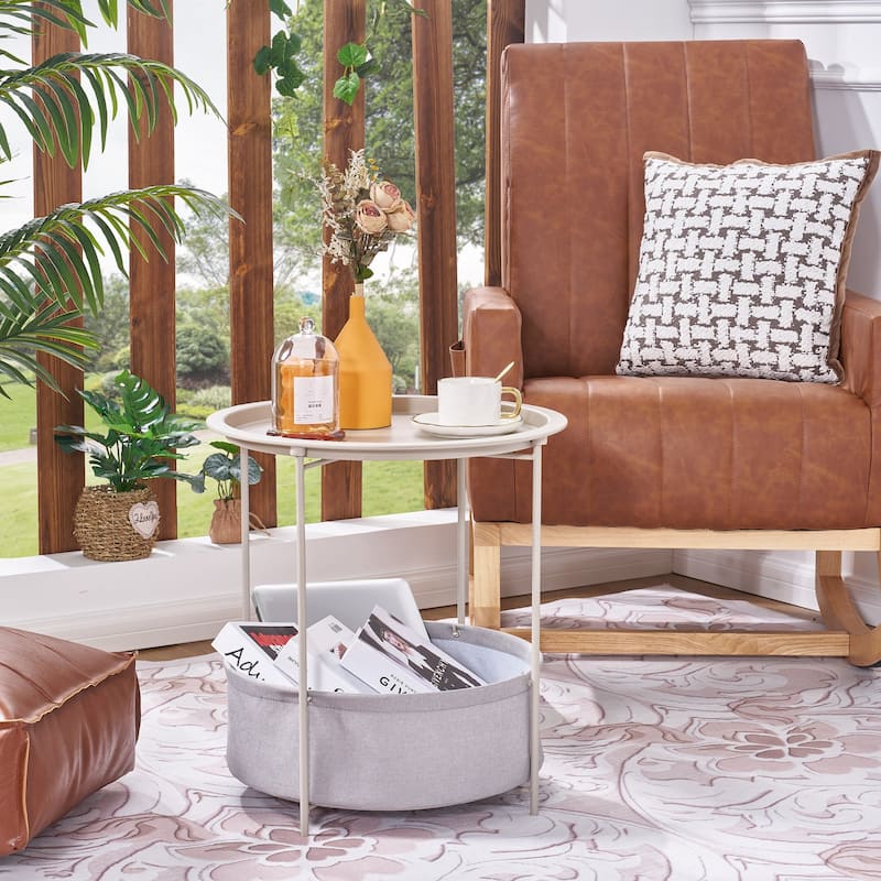 VECELO Small Round Side Table with Removable Tray & Fabric Storage Bin Easy 5-Min Assembly for Living Room Bedroom - Beige
