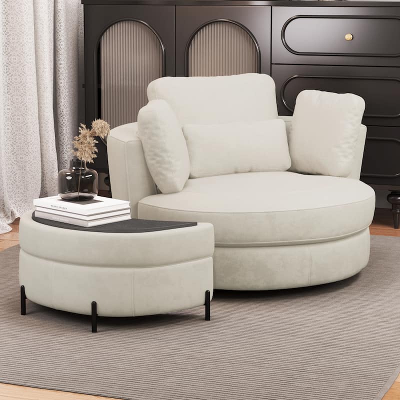 Modern Chenille 360° Swivel Accent Barrel Chair and Storage Ottoman