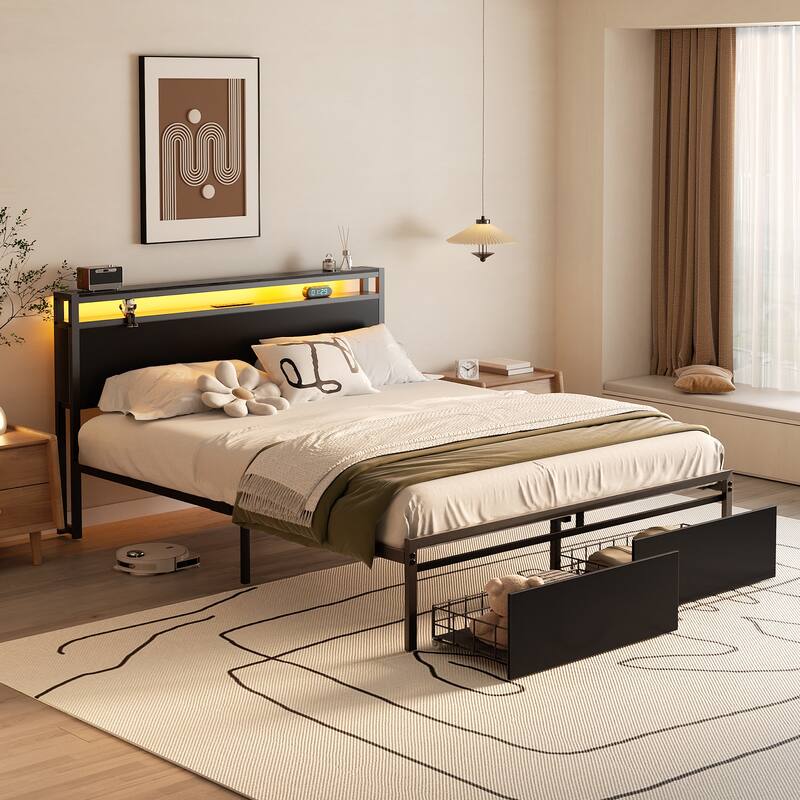 Platform Bed with Storage Headboard, Bed Frame with Charge Station and LED Light - Black - Full