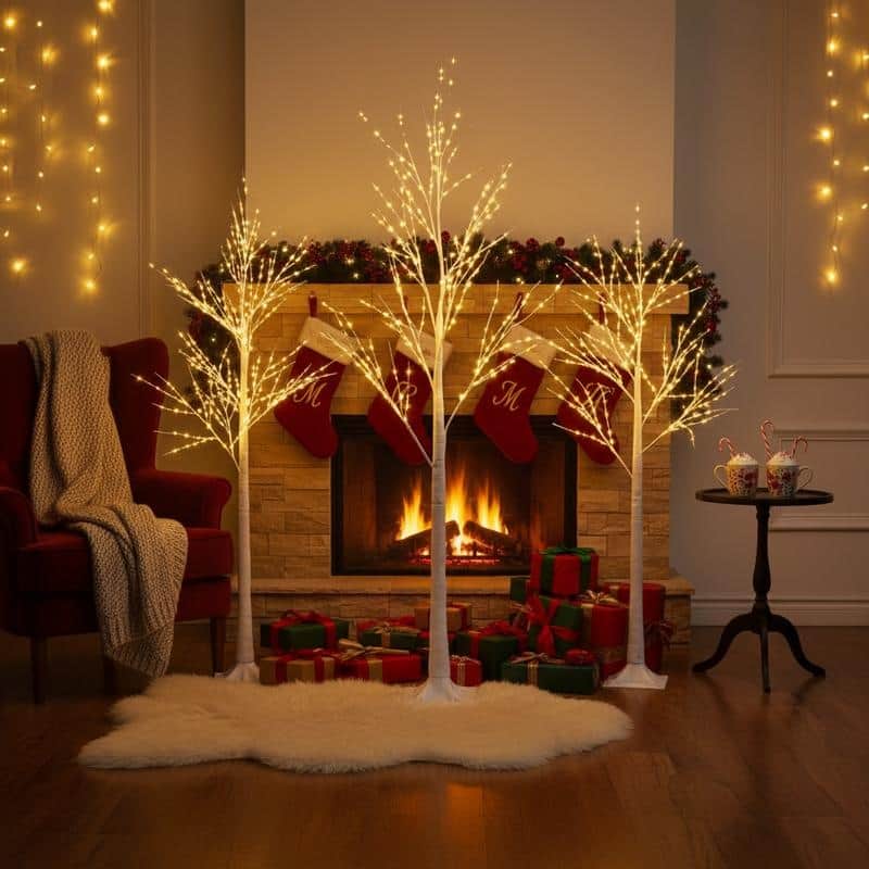 3-Piece Brich Tree Light Tree 4FT & 5FT & 6FT, Lighted Christmas Tree, Artificial Xmas Tree for Decoration Inside & Outside - White