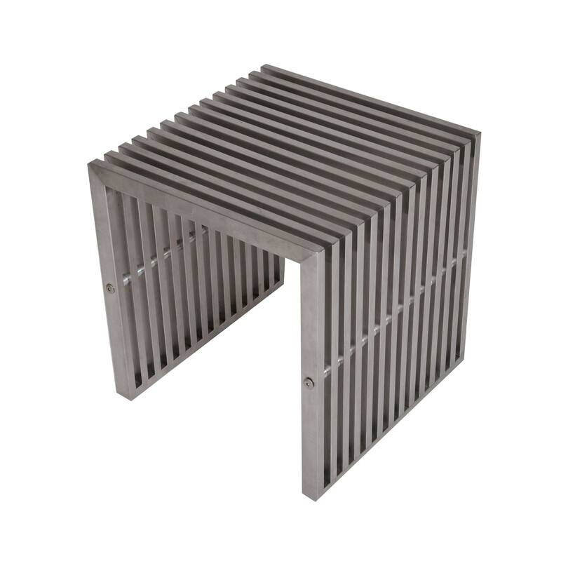 Meza 17 Inch Accent Stool, Waterfall Silver Slatted Panel Frame