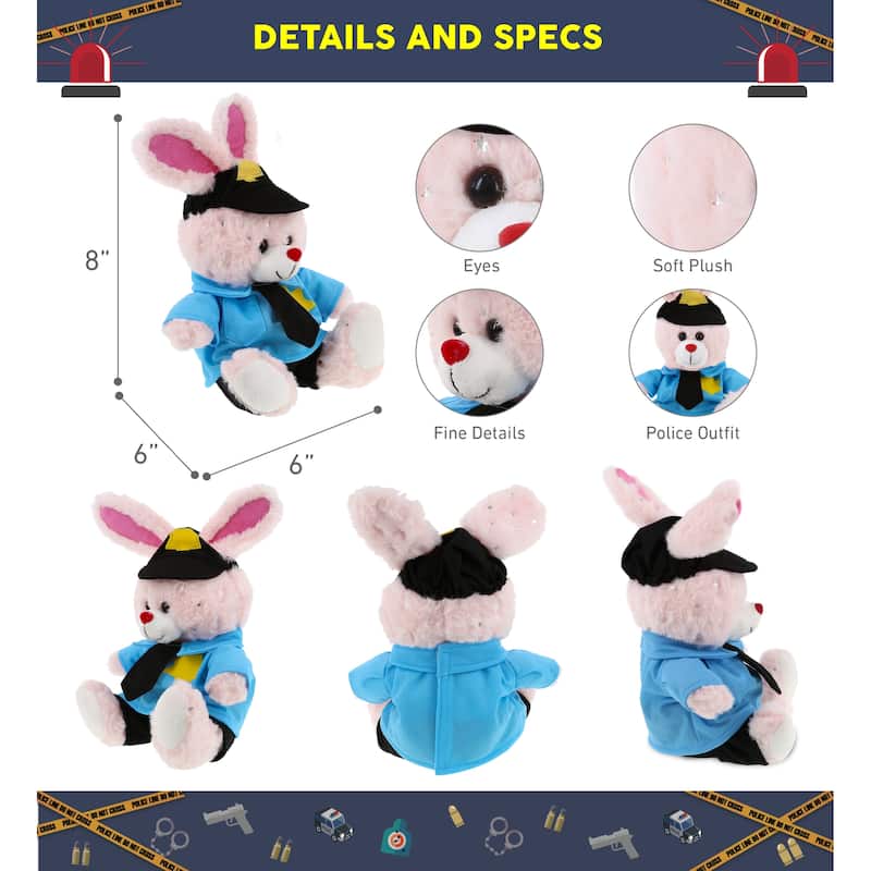 DolliBu Rose Gold Bunny Police Officer Plush Toy with Uniform and Cap - 8 inches