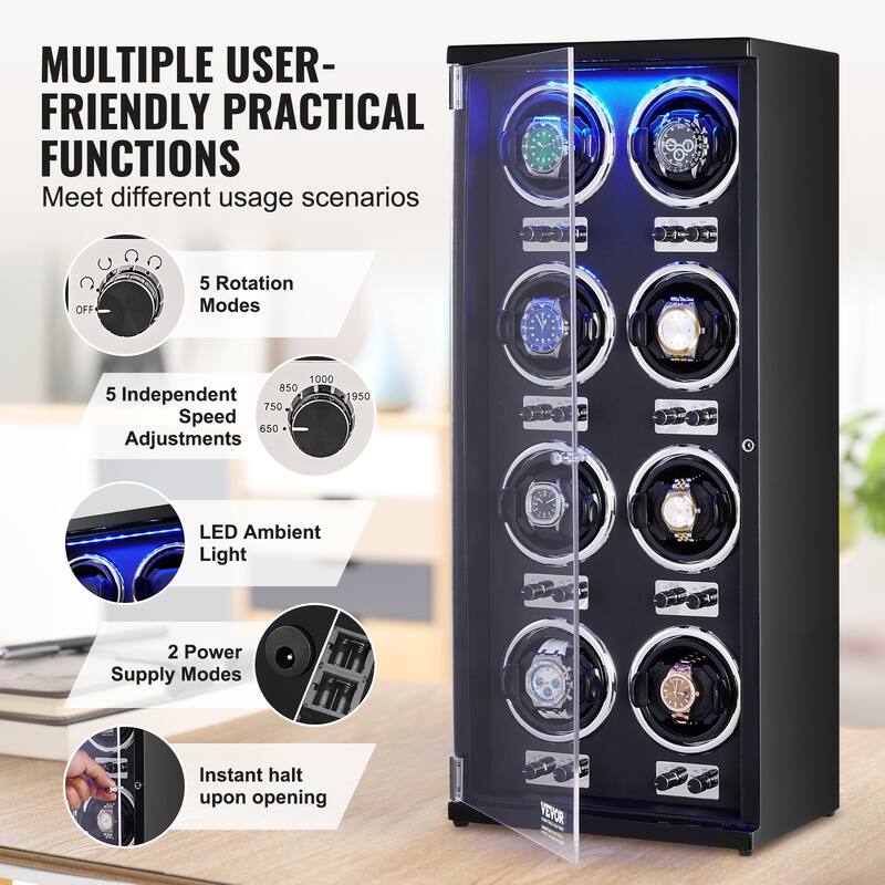 VEVOR Watch Winder with 1-8 for Men's and Women's Automatic Watches with Super Quiet Japanese Mabuchi Motors LED Lights