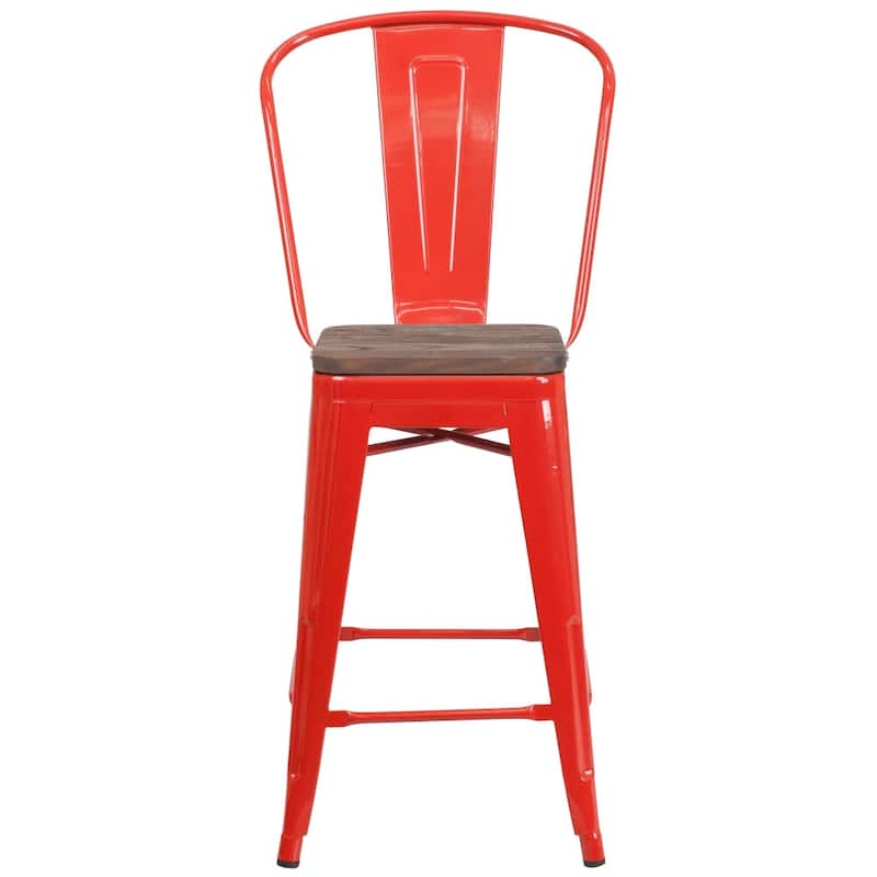 4 Pack 24" High Metal Counter Height Stool with Back and Wood Seat - 17.75"W x 20"D x 39.25"H