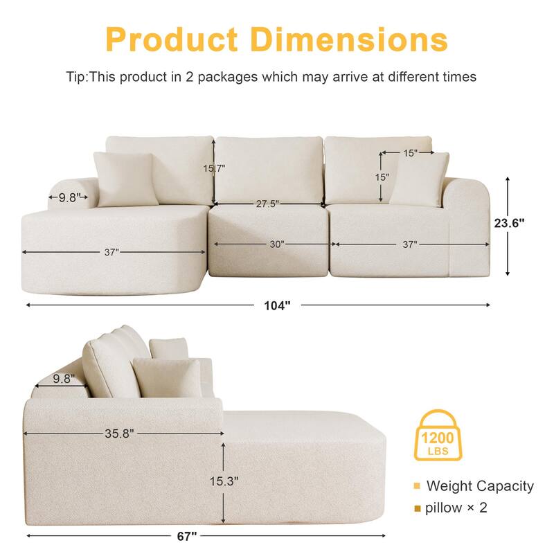 Oversized Modular Sectional Sofa with L-Shape Chaise Modern Upholstered Cloud Couches with Throw Pillows for Living Room Bedroom