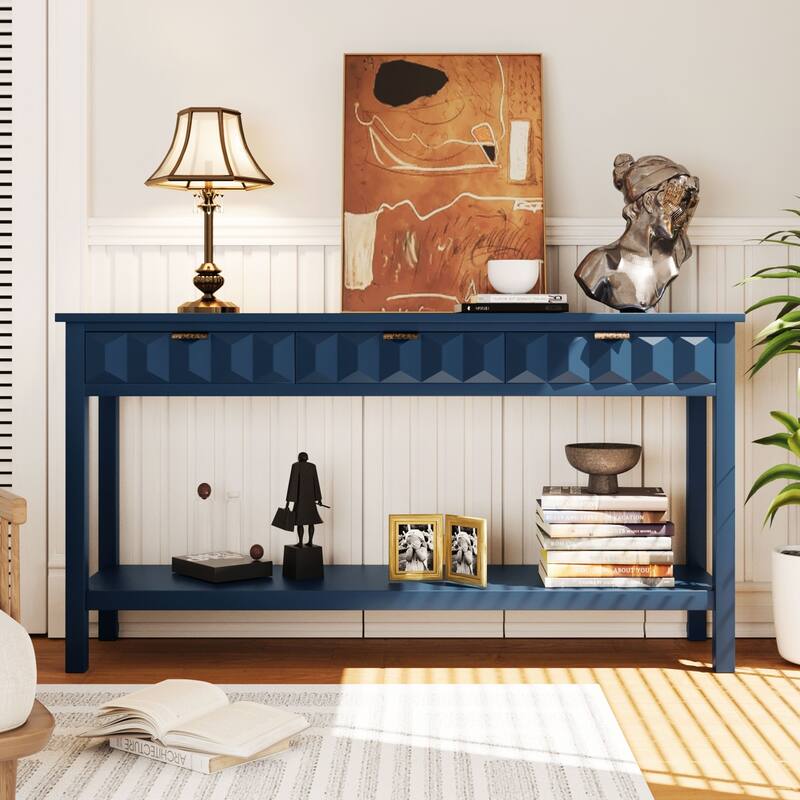 Modern 60" Console Table with 3 Drawers Honeycomb Design for Study Entryway Hallway - Navy Blue