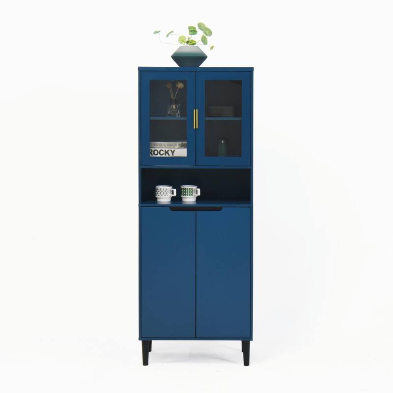 Tall Kitchen Pantry Cabinet with 2 Glass Display Doors & 2 Solid Doors