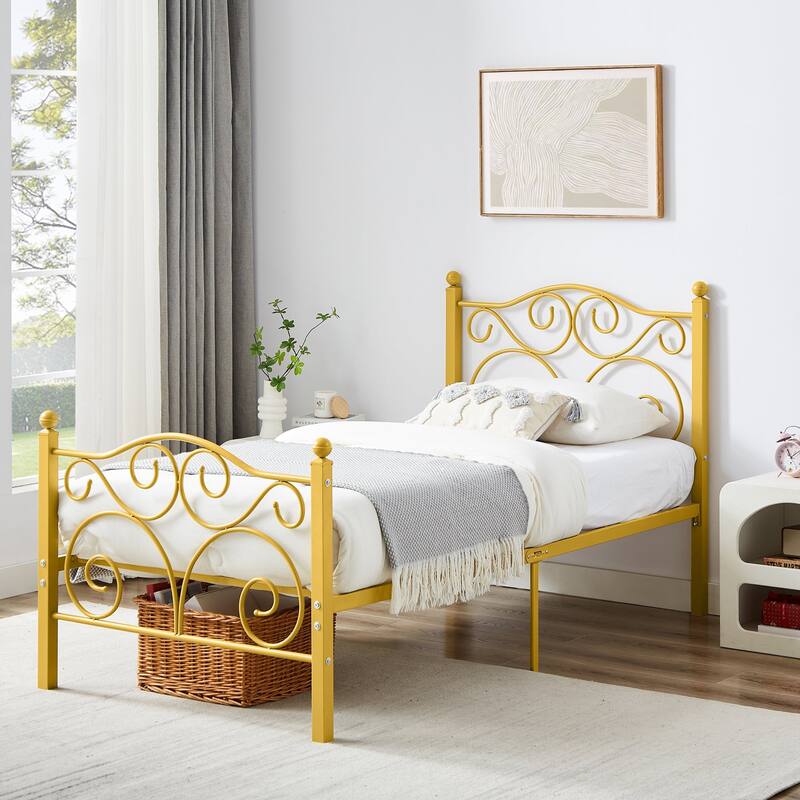 Javlergo 2-Pack Twin Size Victorian Metal Bed Frame for Kids with Headboard & Footboard No Box Spring Needed