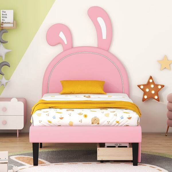 slide 2 of 20, Lovely Fairytale Theme Kids Bed Twin Size Platform Bed, PU Upholstered Bed with Rabbit-Shaped Headboard & 2 Drawers Pink - Twin