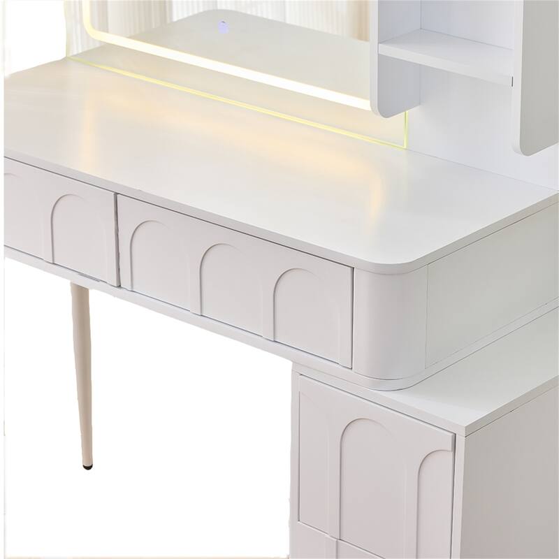 Modern 3 Colors LED Makeup Vanity Desk with Mirror, 4 Drawers and Stool