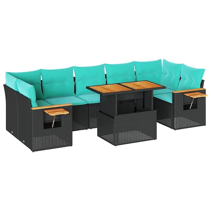 vidaXL 8 Piece Patio Sofa Set with Cushions Black Poly Rattan - 21.7 x 24.4 x 27.2