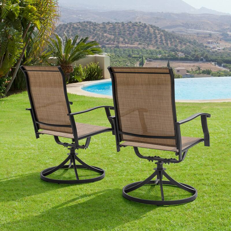 Brown Swivel Textilene and Iron Outdoor Patio Chairs with Powder-coated Finish