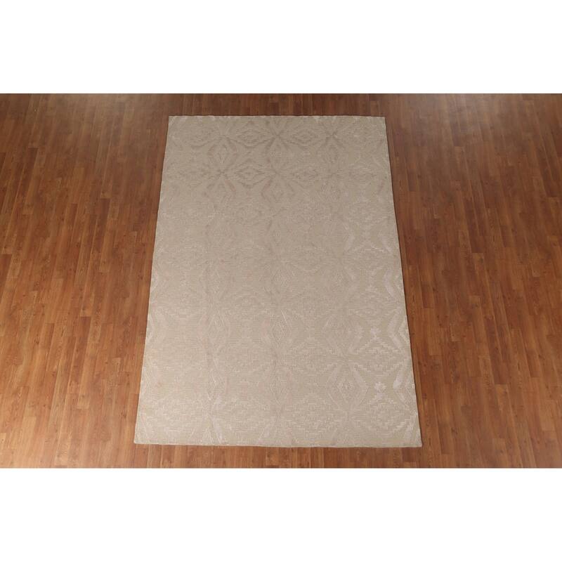 Beige Geometric Nepalese Oriental Area Rug Handmade Wool Carpet - 6'1" x 8'11"