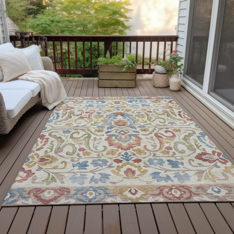 Machine Washable Indoor/Outdoor Floral Watercolor Chantille Rug - Beige - 10' x 14'