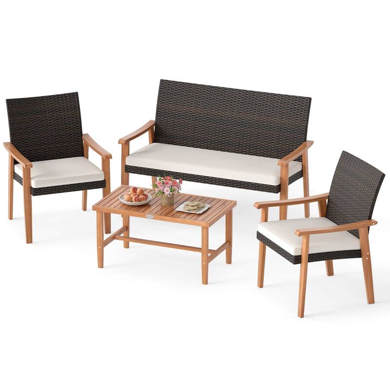 Costway 4 PCS Patio Furniture Set with Acacia Wood Coffee Table & Soft - See Details