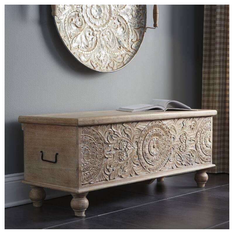 Fossil Ridge Antique White Carved Medallion Storage Bench