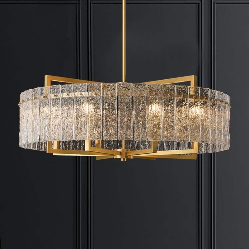 26 in. Gold Modern Drum Crystal Chandelier 6-Light Glam Dimmable Pendant Light Kitchen Island with Frosted Glass for Dining Room