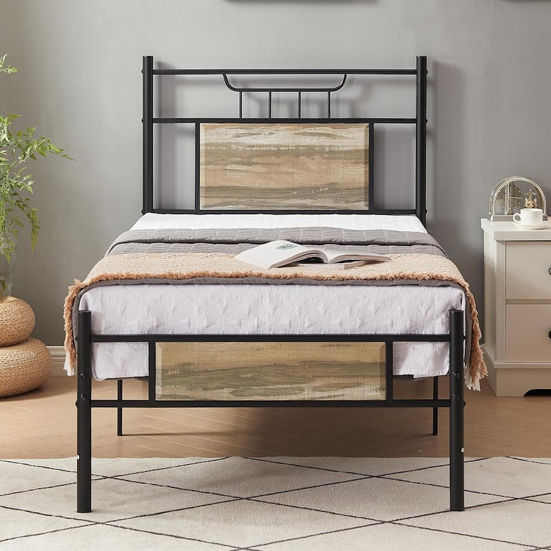 VECELO Industrial Kids Bed Frame with Wood Headboard,Twin Size Bed Set of 2