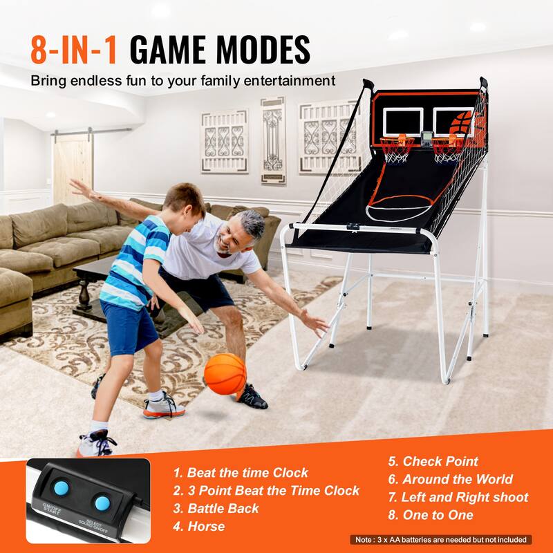 Foldable Basketball Arcade Game, 2 Player Indoor Basketball Game, Home Dual Shot Sport with 8 Game Modes, and Inflation Pump