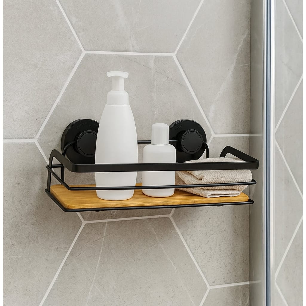 Matte Black Bamboo Shower Storage Caddy Shelf With Suction Cups