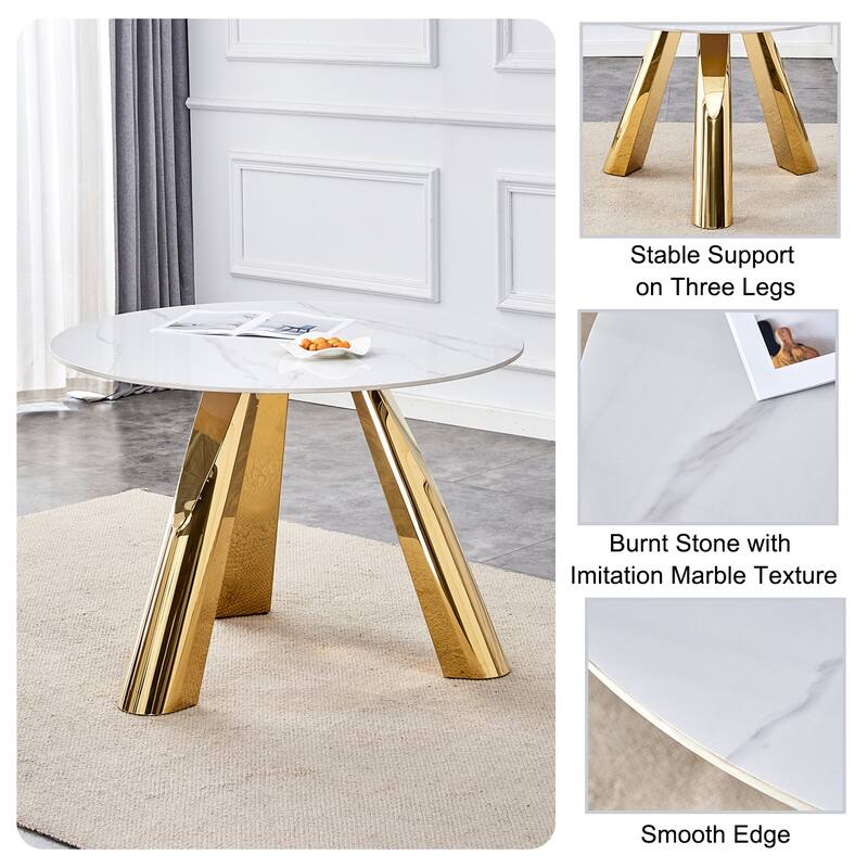 A 42-Inch Round Table with Stainless Steel Legs and a Marble Top, Perfect for 4 to 6 People.