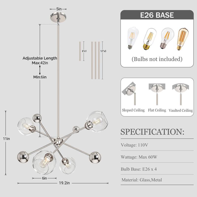 LamQee Sputnik Metal Chandelier with Clear Glass Globe Shades