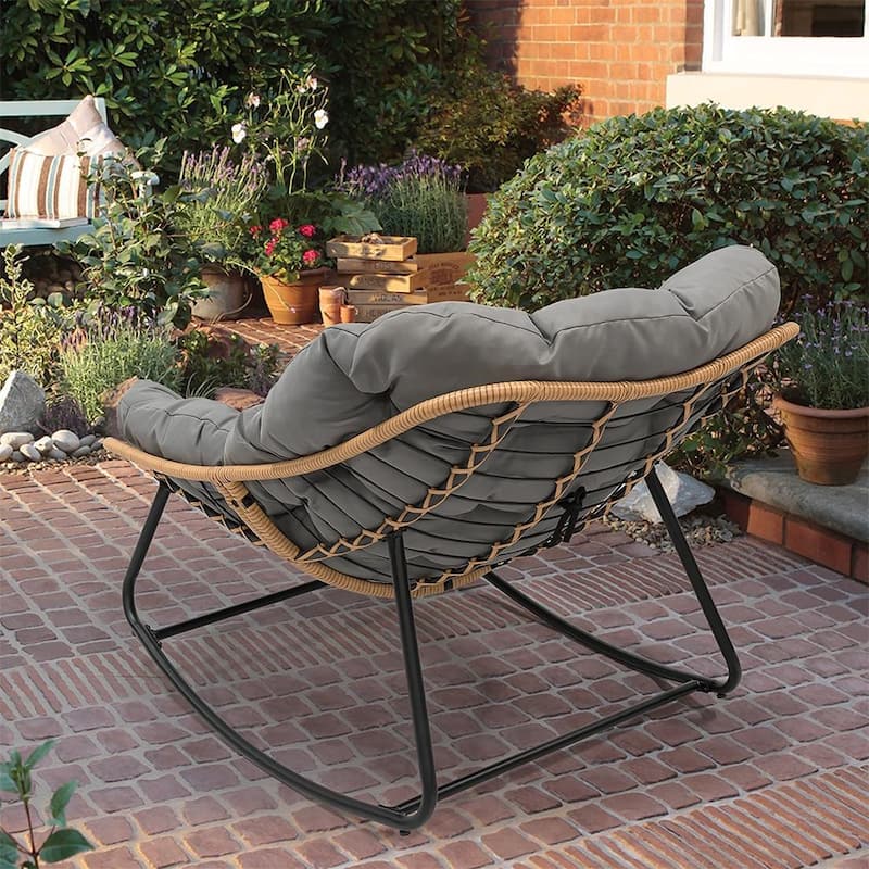 Outdoor Papasan Rocking Chair, Patio Chair Indoor Egg Royal Rattan Rocking Chair with Cushion - 33" W x 16.1" D x 29.9" H