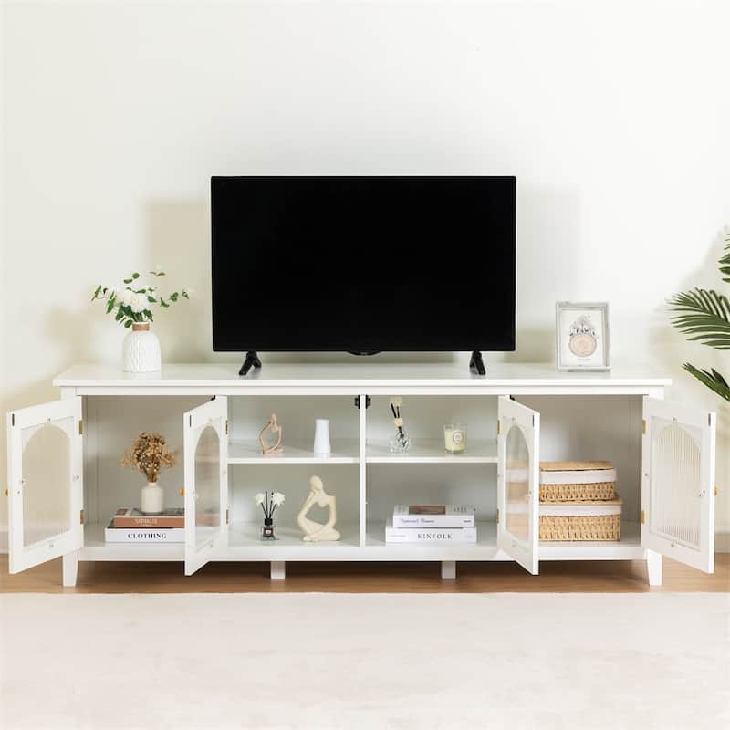 71" TV Cabinet w/ Solidwood Frame, Changhong Glass Door, Metal Handle - Antique White