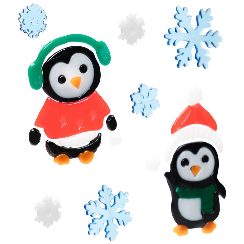 8-Piece Penguin and Snowflake Gel Christmas Window Clings 7.75"