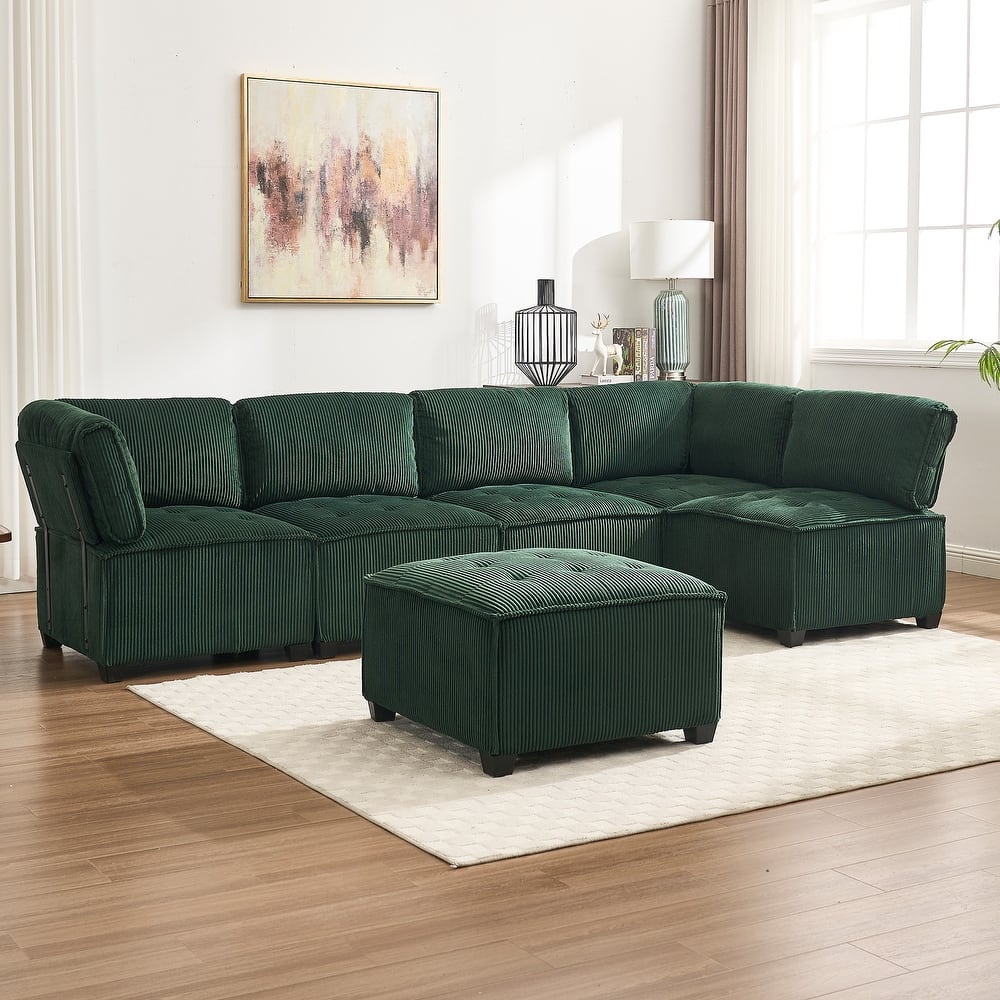 U-Shaped Corduroy Upholstered 6-Seat Convertible Modular Sectional Sofa Fit for Living Room