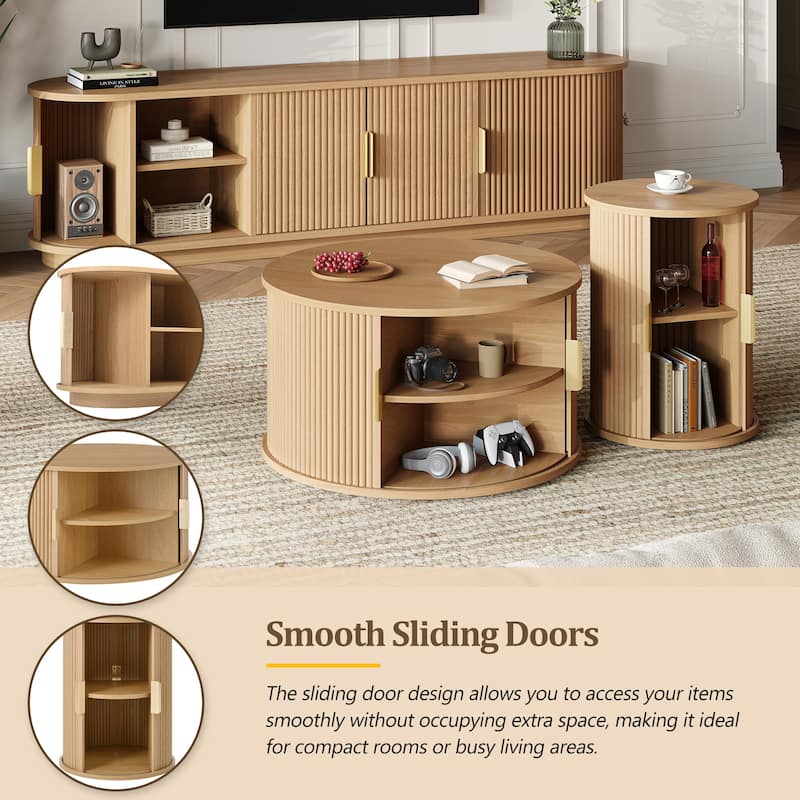 Farmhouse TV Stand & Coffee Table Set with Fluted Sliding Door & Golden Handles, for TVs up to 75"