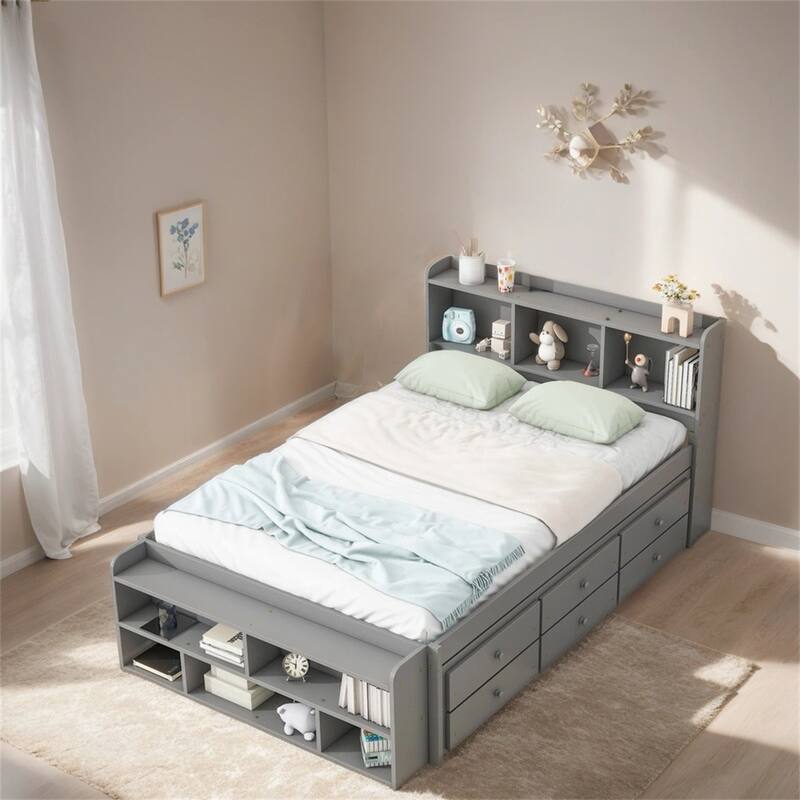Full Bed w/Bookcase Headboard,Under bed Storage Drawers & Storage Case - Grey