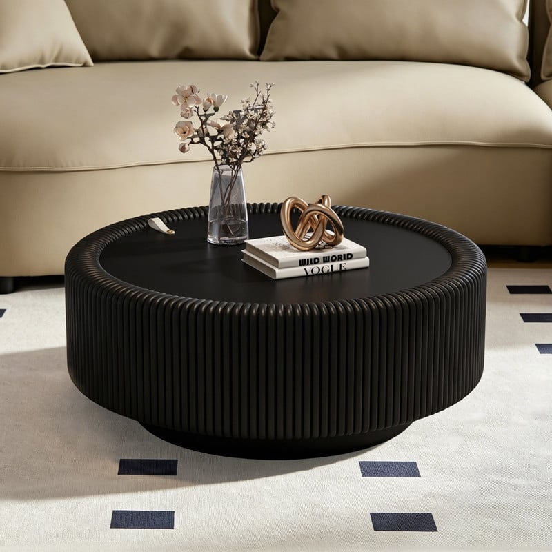 Modern Fluted Coffee Table Accent Table with Tempered Glass Top and Hidden Storage for Living Room